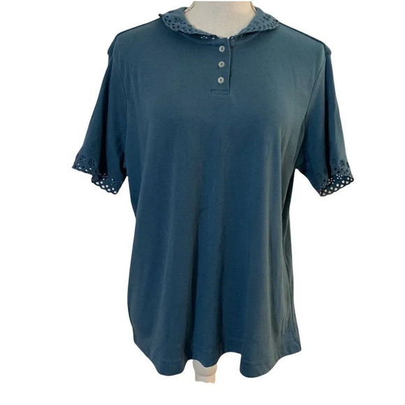 Blair Vintage Blouse Light Blue Eyelet Sleeves and Collar Short Sleeve Large - Picture 1 of 7